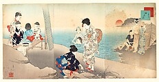 Bathing in the Sea (Kaisuiyoku), Gyosei Shuntei Japanese, Triptych of woodblock prints; ink and color on paper, Japan