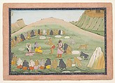 Hanuman Revives Rama and Lakshmana with Medicinal Herbs: Illustrated folio from a dispersed Ramayana series, Workshop active in the First generation after Nainsukh (active ca. 1735–78), Ink and opaque watercolor on paper, India, Punjab Hills, Guler