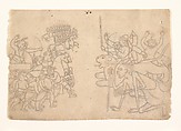Durga and Kali Approach the Gathered Armies of Chanda and Munda: Scene from the Devi Mahatmya, Graphite and ink on paper, pricked for transfer, India (Himachal Pradesh, Guler)