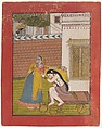 Krishna Spying on Radha, Ink and opaque watercolor on paper, India (Punjab Hills, Mandi)
