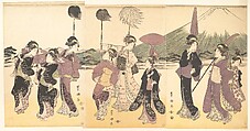 Women Parading in an Imitation of the Cortege of a Daimyo, Utagawa Toyokuni I  Japanese, Pentaptych of woodblock prints; ink and color on paper, Japan
