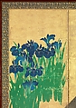 Irises at Yatsuhashi (Eight Bridges), Ogata Kōrin (Japanese, 1658–1716), Pair of six-panel folding screens; ink and color on gold leaf on paper , Japan