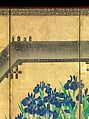 Irises at Yatsuhashi (Eight Bridges), Ogata Kōrin (Japanese, 1658–1716), Pair of six-panel folding screens; ink and color on gold leaf on paper , Japan