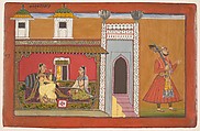 A Courtesan and Her Lover Estranged by a Quarrel:  Page from a Rasamanjari series, Devidasa of Nurpur (active ca. 1680–ca. 1720), Opaque watercolor, ink, silver, and  gold on paper, India (Punjab Hills, Basohli)