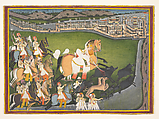 A Prince Hunting Boars with His Retinue, Ink, opaque watercolor, and gold on paper, Western India, Rajasthan, Jhilai