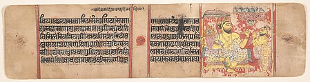 King Siddharta Listens to an Astrologer Forecast the Conception and Birth of His Son, the Jina Mahavira: Folio from a Kalpasutra Manuscript, Opaque watercolor on paper, India (Gujarat)