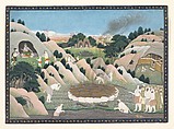 The Monkey King Vali's Funeral Pyre: Illustrated folio from a dispersed Ramayana series, Workshop active in the First generation after Nainsukh (active ca. 1735–78), Ink, opaque watercolor, silver, and gold on paper, India, Punjab Hills, kingdom of Kangra