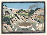 The Monkey King Vali's Funeral Pyre: Illustrated folio from a dispersed Ramayana series, Workshop active in the First generation after Nainsukh (active ca. 1735–78), Ink, opaque watercolor, silver, and gold on paper, India, Punjab Hills, kingdom of Kangra