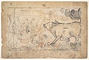 Durga Confronts the Buffalo Demon Mahisha: Scene from the Devi Mahatmya, Ink and opaque watercolor on paper, India, Guler, Himachal Pradesh