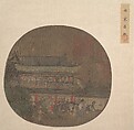 The Immortal Lü Dongbin Appearing over the Yueyang Pavilion, Unidentified artist Chinese, late 13th–early 14th century, Fan mounted as an album leaf; ink and color on silk, China