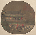 The Immortal Lü Dongbin Appearing over the Yueyang Pavilion, Unidentified artist Chinese, late 13th–early 14th century, Fan mounted as an album leaf; ink and color on silk, China