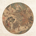 Guanyin and the sixteen luohans, Unidentified artist, Round fan mounted as an album leaf; ink, color, and gold on silk, China
