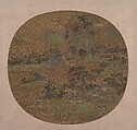 Village and Temples in Jiangnan, Unidentified artist, Round fan mounted as an album leaf; ink, color, and gold on silk, China