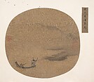 River Landscape with Boatmen, Unidentified artist, Fan mounted as an album leaf; ink on silk, China