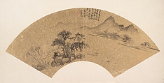 Landscape, Unidentified artist, Folding fan mounted as an album leaf; ink and color on gold-flecked paper, China