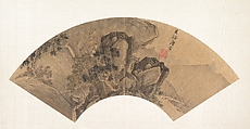 Gazing at a Waterfall, Tang Yin  Chinese, Folding fan mounted as an album leaf; ink and color on gold-flecked paper, China