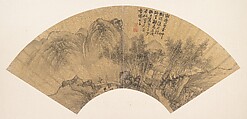 Landscape with Figure, Xie Shichen  Chinese, Folding fan mounted as an album leaf; ink on gold paper, China