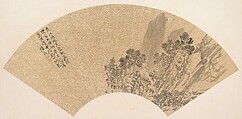 Landscape, Unidentified artist, Folding fan mounted as an album leaf; ink on gold paper, China