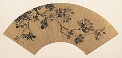 Bird on a flowering branch, Zhang Chong Chinese, Folding fan mounted as an album leaf; ink on gold paper, China