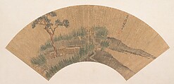 Dwelling in landscape, Song Maojin  Chinese, Folding fan mounted as an album leaf; ink and color on gold paper, China