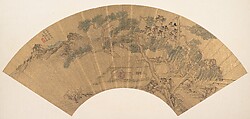 Landscape with figure, Chen Jichun  Chinese, Folding fan mounted as an album leaf; ink and color on gold paper, China