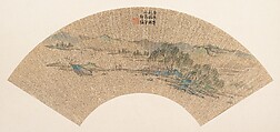 Landscape After Wen Zhengming, Shao Mi  Chinese, Folding fan mounted as an album leaf; ink and color on gold-flecked paper, China
