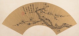 Branch of blossoming plum, Xiang Shengmo  Chinese, Folding fan mounted as an album leaf; ink on gold paper, China