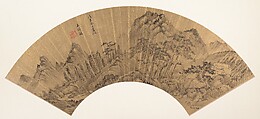 Landscape, Unidentified artist, Folding fan mounted as an album leaf; ink on gold paper, China