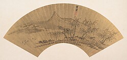 Riverscape with moored boats, Wu Shantao Chinese, Folding fan mounted as an album leaf; ink on gold paper, China