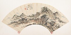 Landscape after Huang Gongwang, Wang Shimin Chinese, Folding fan mounted as an album leaf; ink and color on white paper, China