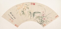 Carnations and amaranthus, Yun Shouping Chinese, Folding fan mounted as an album leaf; color on paper, China