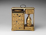Portable Picnic Set (sagejū) with Chrysanthemums, Foliage Scroll, and Tokugawa Family Crest, Lacquered wood with gold, silver hiramaki-e, gold and silver foil application on nashiji lacquer ground, Japan