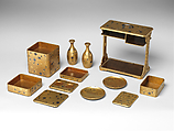 Portable Picnic Set (sagejū) with Chrysanthemums, Foliage Scroll, and Tokugawa Family Crest, Lacquered wood with gold, silver hiramaki-e, gold and silver foil application on nashiji lacquer ground, Japan