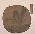 Landscape with Temple, Unidentified artist, Fan mounted as an album leaf; ink and color on silk, China