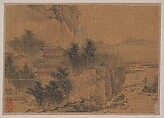 Landscape with Man Crossing Bridge, Fan Hong Chinese, Miniature from album of eleven paintings; ink and color on silk, China