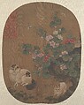 Hollyhocks and Cats, Unidentified artist, Fan mounted as an album leaf; ink and color on silk, China