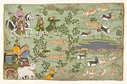 Shah Jahan Hunting Blackbuck with Trained Cheetahs, Ink, gold, and opaque watercolor on paper, Western India, Rajasthan, Udaipur