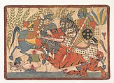 “Harishchandra and his Minister Killing a Tiger,” folio from a Harishchandra Series, Opaque watercolor and ink on paper, Western India, Maharashtra, Paithan or northern Karnataka