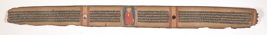 Buddha Offering Protection (Abhaya Mudra), Leaf from a dispersed Ashtasahasrika Prajnaparamita (Perfection of Wisdom) Manuscript, Ink and color on palm leaf, India (Bihar or West Bengal)
