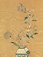 Panel with Flowers in Vase and Scholar's Objects, Silk and metal thread embroidery with small pearls on silk twill, China
