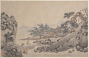 Landscape with Man Crossing Bridge, Shen Zhou  Chinese, Album leaf; ink and color on paper, China