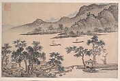 Landscape with Sailboats, Shen Zhou  Chinese, Album leaf; ink and color on paper, China