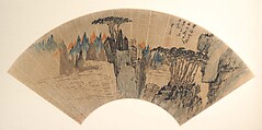 Peaks of Mount Huang, Mei Qing  Chinese, Folding fan mounted as an album leaf; ink and color on gold paper, China