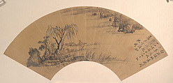 Landscape, Unidentified artist, Folding fan mounted as an album leaf; ink on gold paper, China