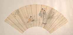 Two Scholars and Boy with Goose, Sun Rong  Chinese, Fan mounted as an album leaf; ink and color on silk, China