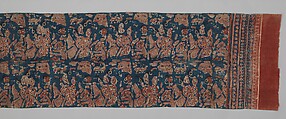 Ceremonial Textile Decorated with Female Courtesans with Attendants and Parrots, Plain-weave cotton block print (mordant- and painted resist-dyed), India (Gujarat)