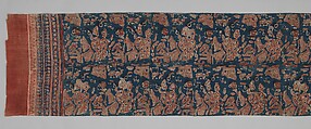 Ceremonial Textile Decorated with Female Courtesans with Attendants and Parrots, Plain-weave cotton block print (mordant- and painted resist-dyed), India (Gujarat)