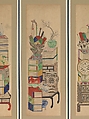 Books and Scholars' Possessions, Unidentified artist, Ten-panel folding screen; ink and color on silk, Korea