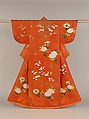 Outer Robe (Uchikake) with Peonies, Plum Blossoms, and Butterflies, Silk damask embroidered with silk and metallic thread, Japan
