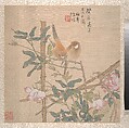 Two Birds Perched on a Flowering Rose Bush, Ren Yi (Ren Bonian)  Chinese, Album leaf; ink and color on paper, China